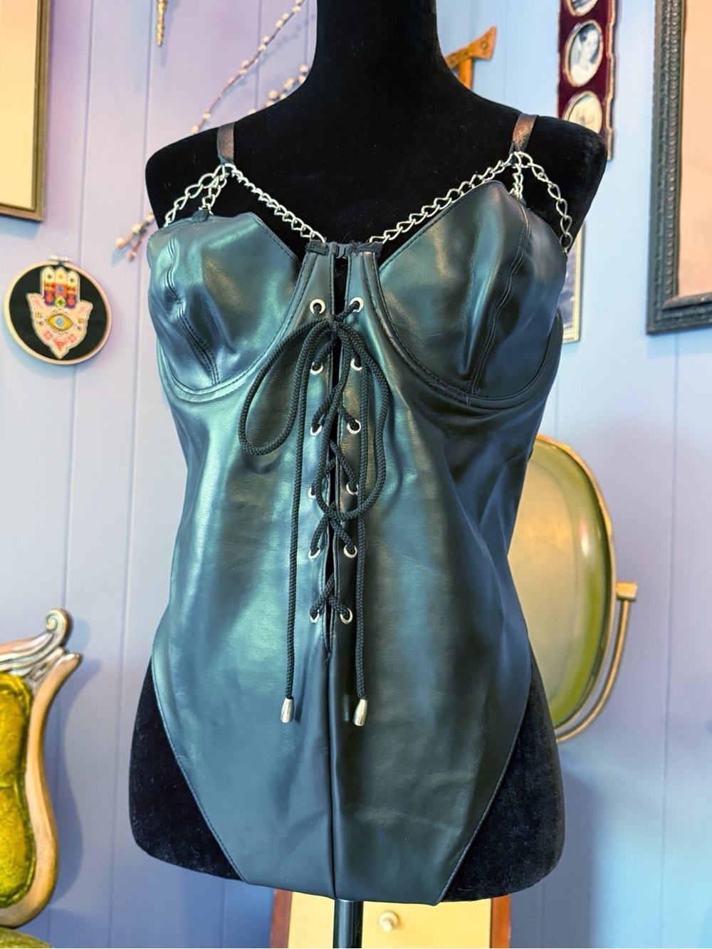 Vtg 90s Intimate Attitudes Faux Leather Goth Punk Babydoll Nightwear Bodysuit - Picture 2 of 10